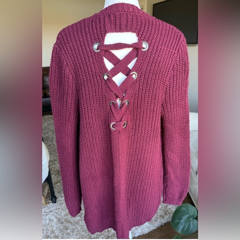 Almost Famous MEDIUM Burgundy Knit Cardigan Sweater With Back Lace Up Detail